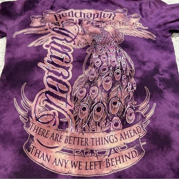 Redchapter Shirt Womens Medium Purple Vneck Peacock Regret Script Love Rock Roll - Picture 4 of 5